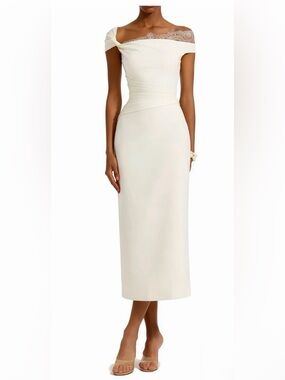 Miss Rosier Roshanak White One Shoulder Midi Dress with Lace Panels